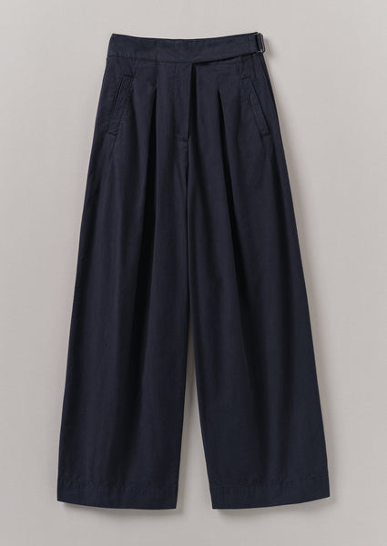 Belted Cotton Linen Poplin Wide Leg Trousers Raven