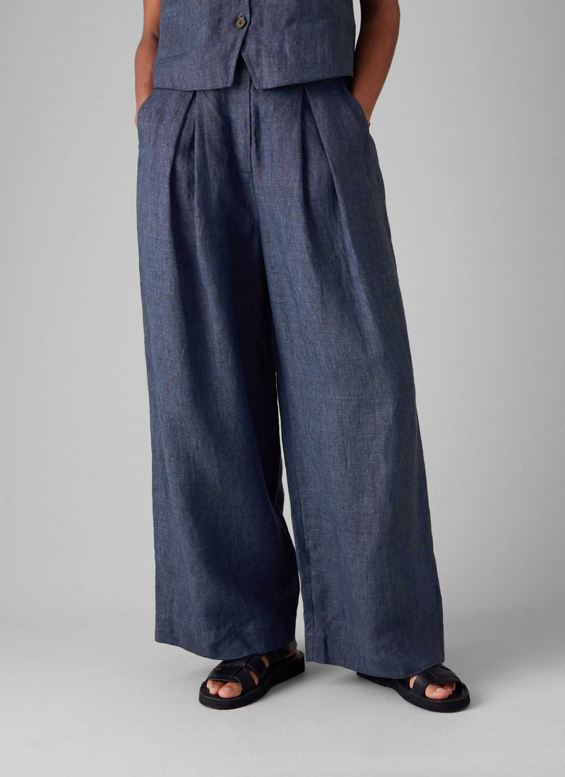 Belted Linen Wide Leg Trousers | Denim Blue