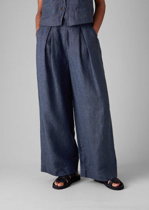 Belted Linen Wide Leg Trousers | Denim Blue