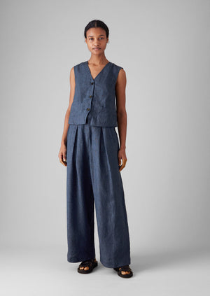 Belted Linen Wide Leg Trousers | Denim Blue