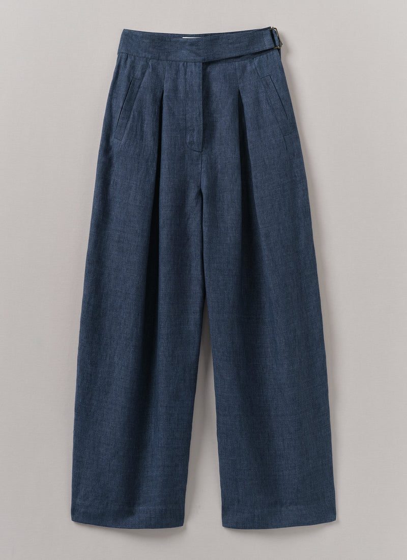 Belted Linen Wide Leg Trousers | Denim Blue