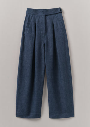 Belted Linen Wide Leg Trousers | Denim Blue