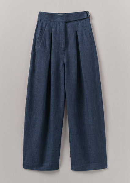 Belted Linen Wide Leg Trousers Denim Blue