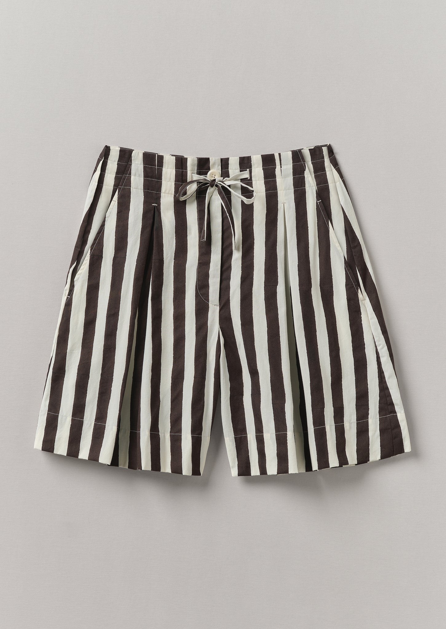 Wave Stripe Block Print Cotton Shorts | Ecru/Chocolate