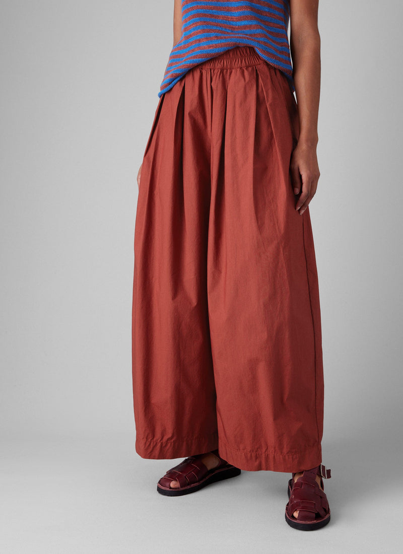 Pleated Cotton Poplin Pull On Trousers | Brick