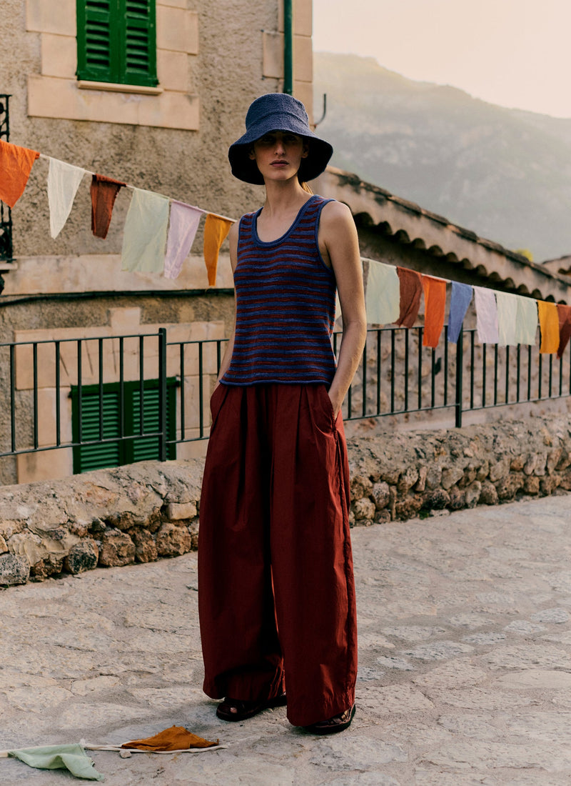 Pleated Cotton Poplin Pull On Trousers | Brick