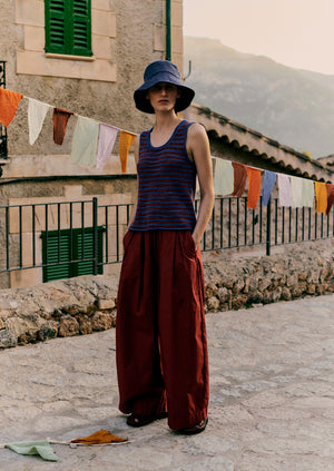 Pleated Cotton Poplin Pull On Trousers | Brick
