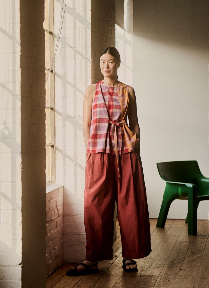 Pleated Cotton Poplin Pull On Trousers | Brick