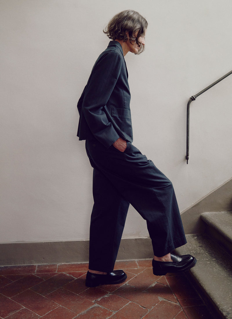 Cotton Wool Herringbone Pleat Front Trousers | Black