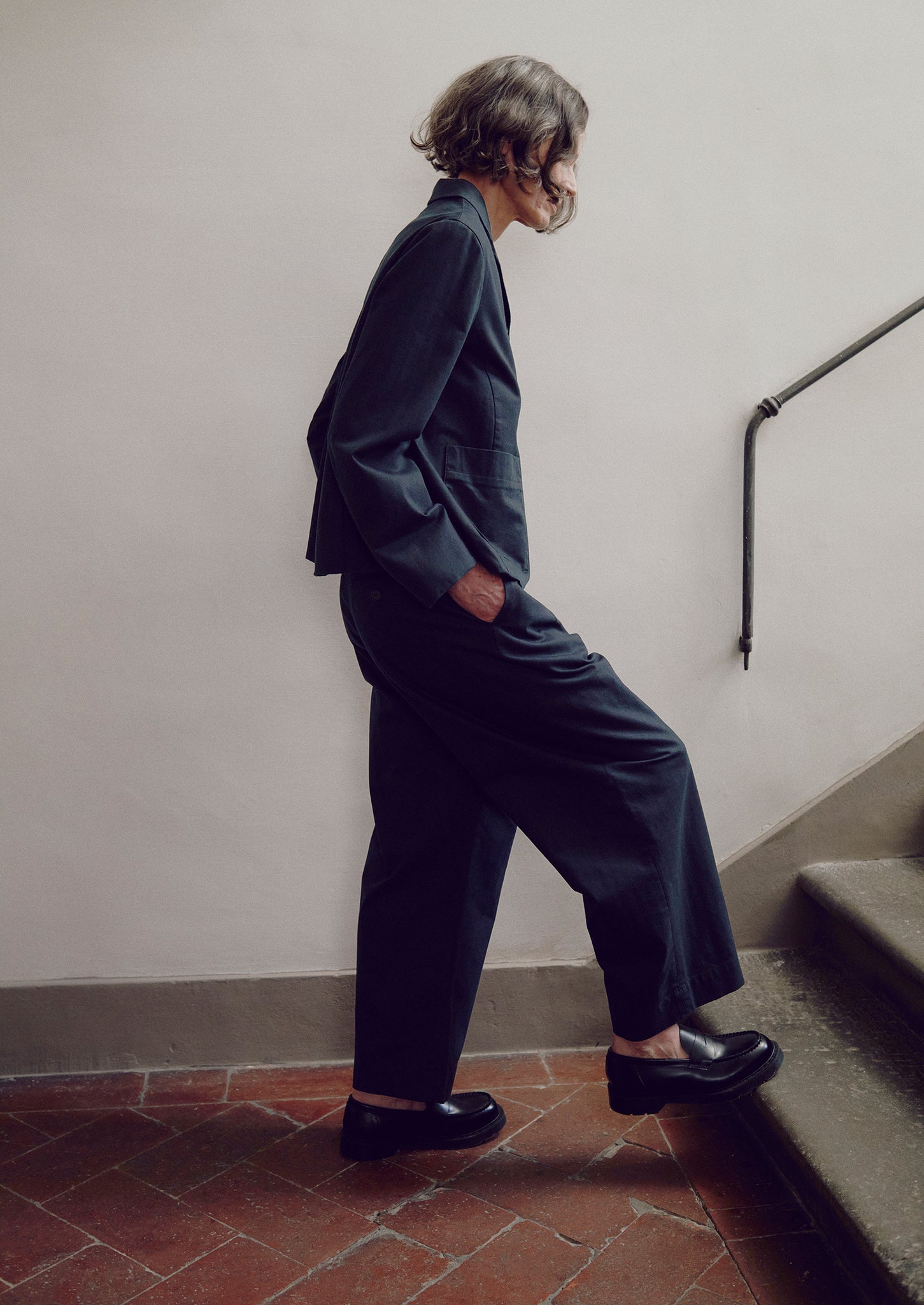 Cotton Wool Herringbone Pleat Front Trousers | Black