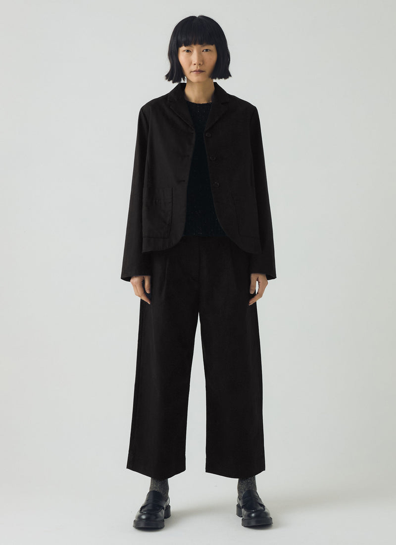 Cotton Wool Herringbone Pleat Front Trousers | Black