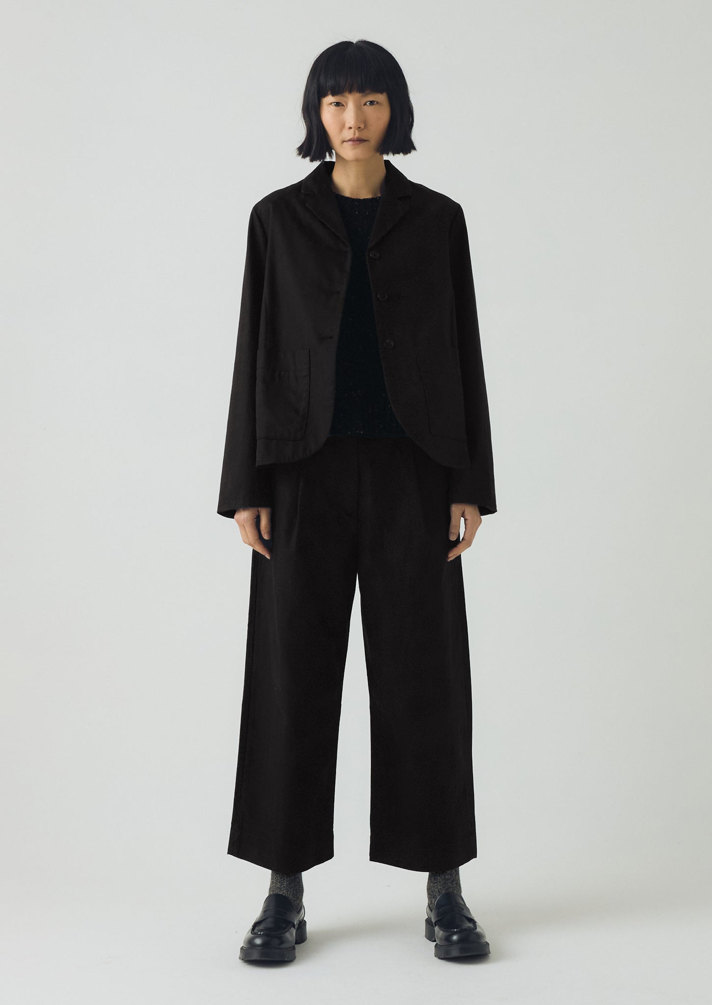 Cotton Wool Herringbone Pleat Front Trousers | Black