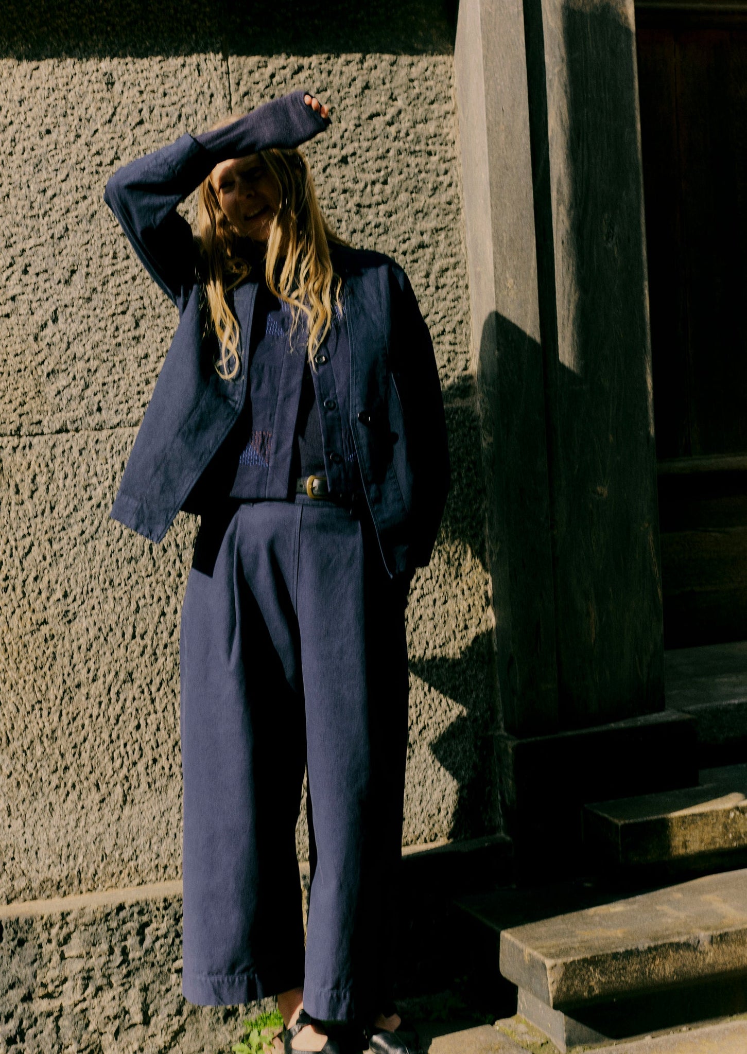 Cotton Canvas Pleat Front Trousers | Blue Navy