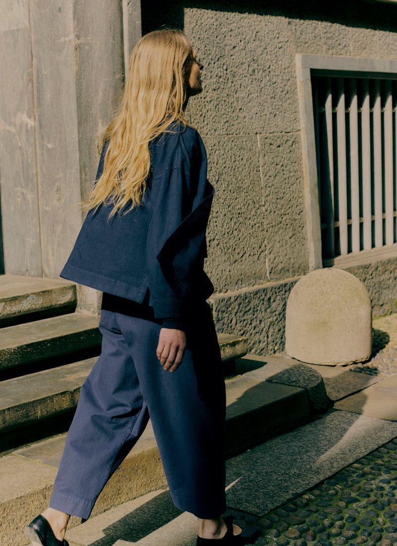 Cotton Canvas Pleat Front Trousers | Blue Navy