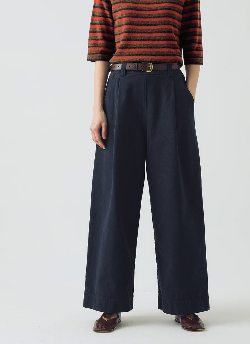 Cotton Canvas Pleat Front Trousers | Blue Navy