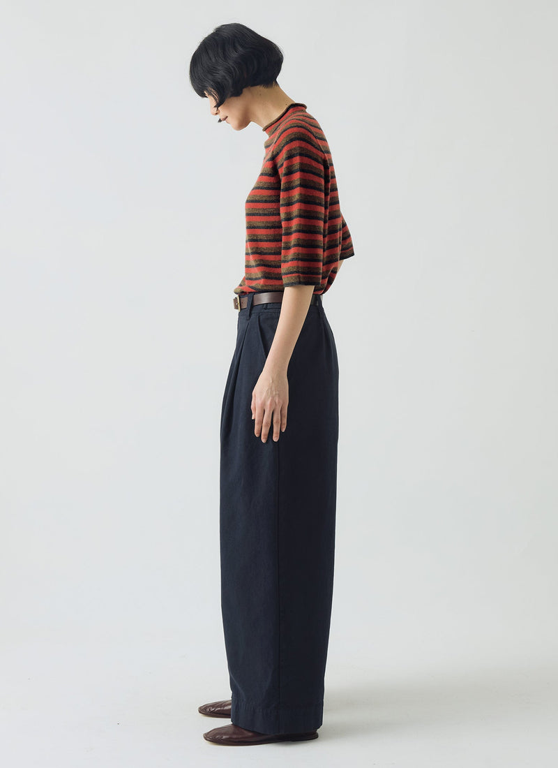 Cotton Canvas Pleat Front Trousers | Blue Navy