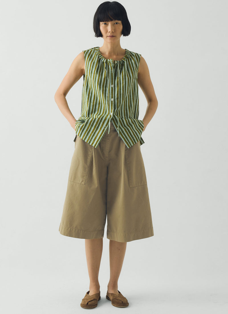 Pleated Cotton Twill Shorts | Olive Leaf