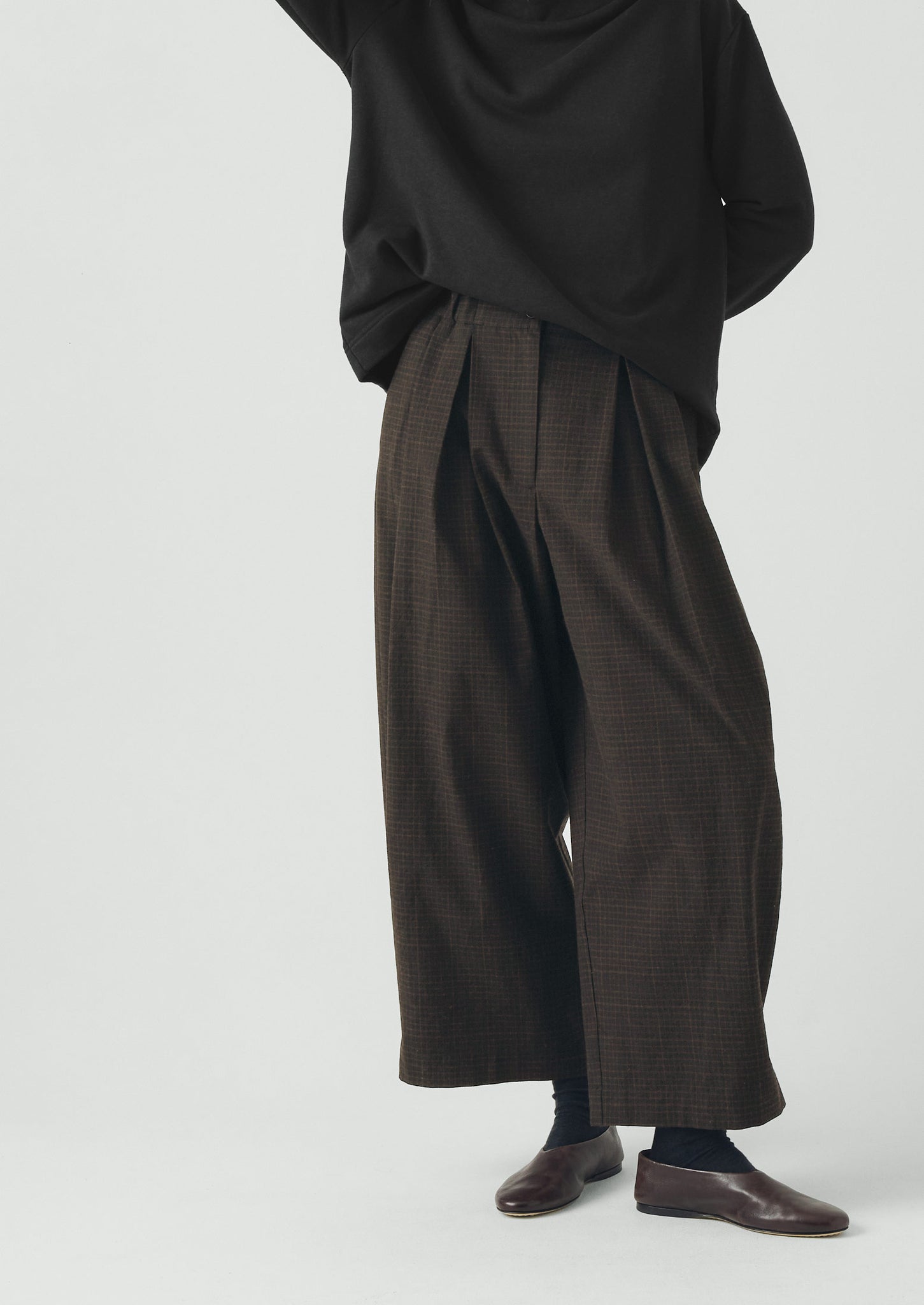 Check Cotton Wool Wide Leg Trousers | Slate