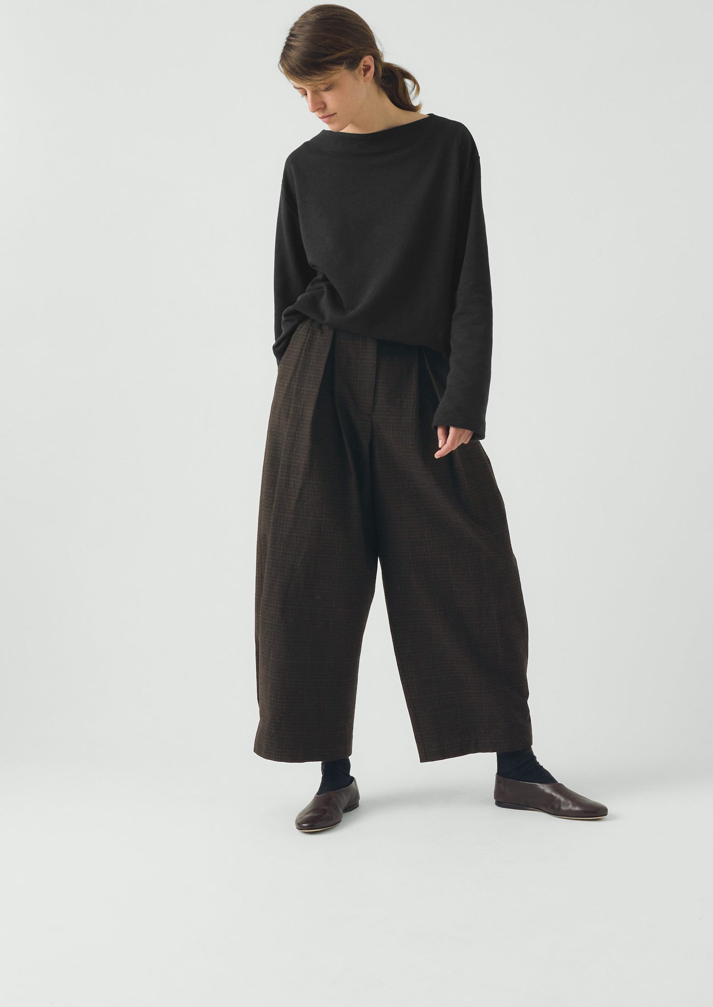 Check Cotton Wool Wide Leg Trousers | Slate