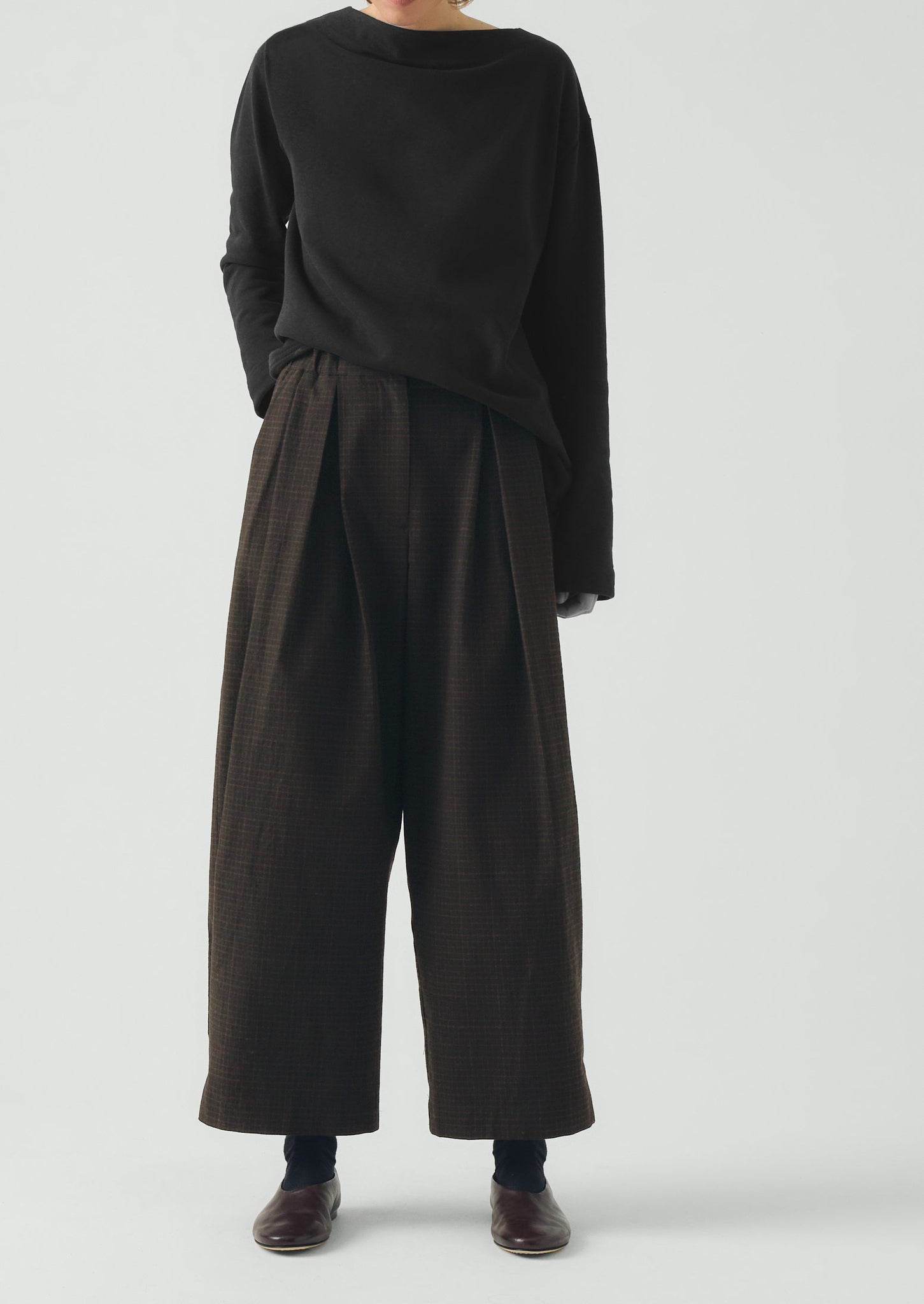 Check Cotton Wool Wide Leg Trousers | Slate