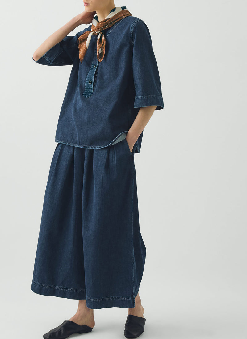 Indigo Denim Pull On Cropped Trousers | Indigo
