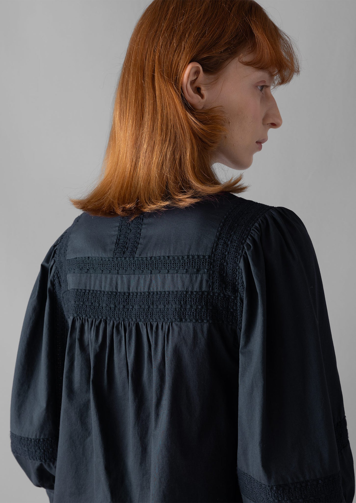 Gathered Sleeve Embroidered Cotton Shirt | Slate Navy