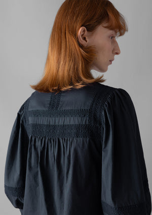 Gathered Sleeve Embroidered Cotton Shirt | Slate Navy
