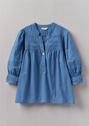 Gathered Sleeve Embroidered Cotton Shirt | Sea Blue