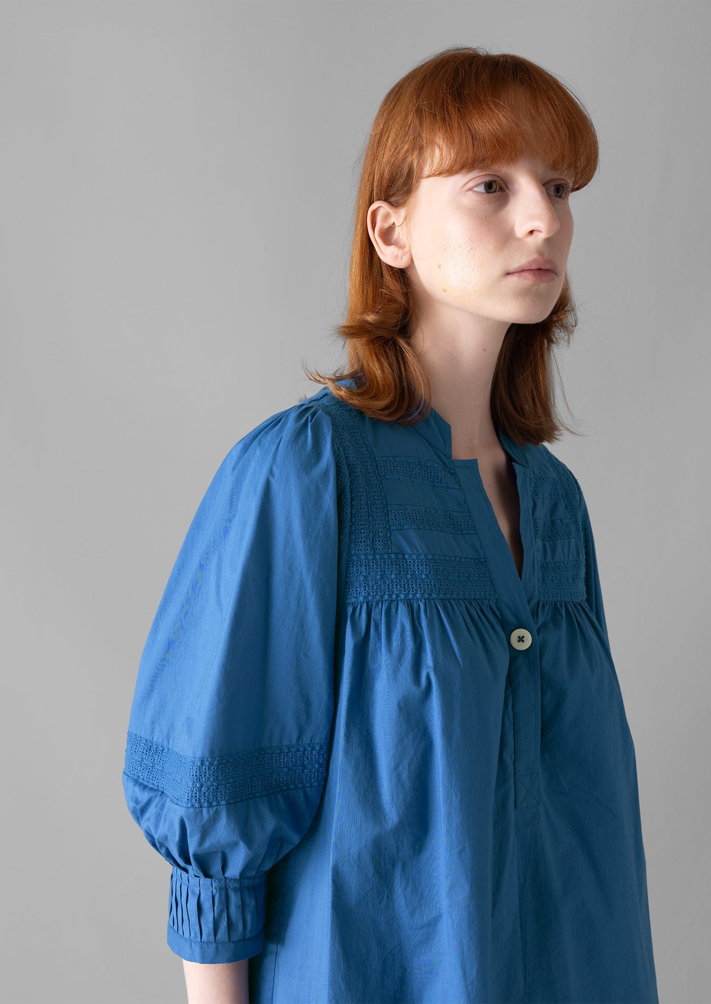 Gathered Sleeve Embroidered Cotton Shirt | Sea Blue