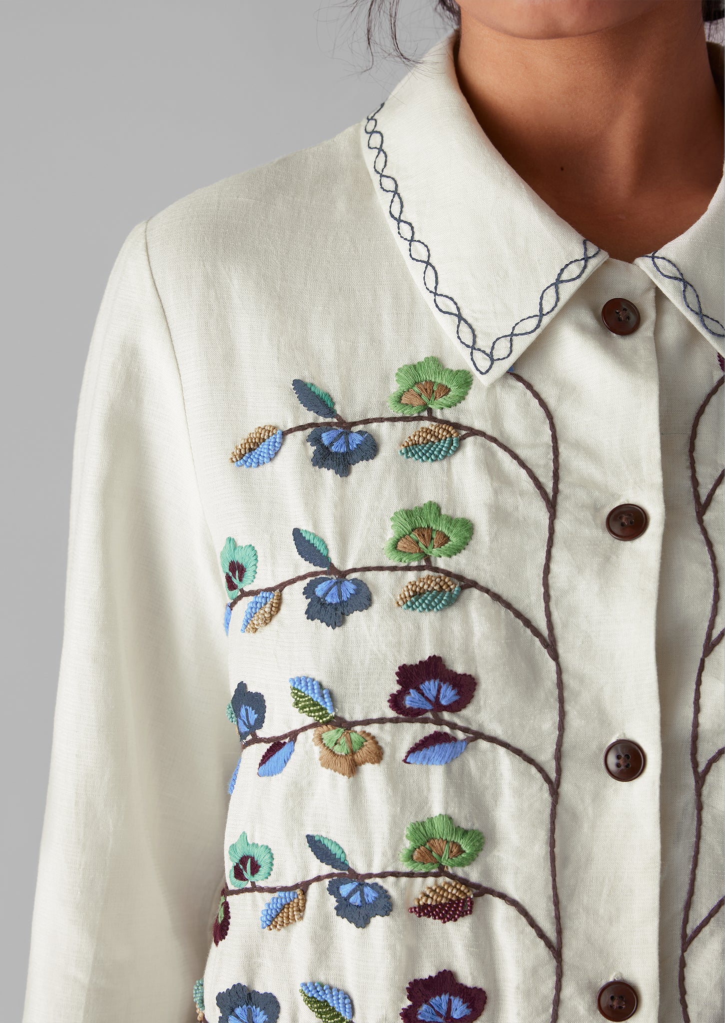 Trailing Flower Hand Embroidered Shirt | Ecru/Multi