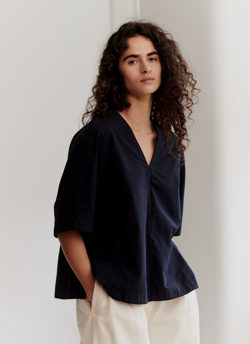 Textured Cotton Poplin V-Neck Top | Ink