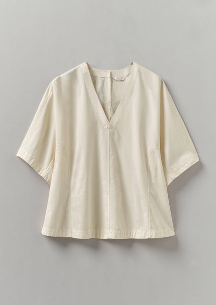 Textured Cotton Poplin V Neck Top Ecru