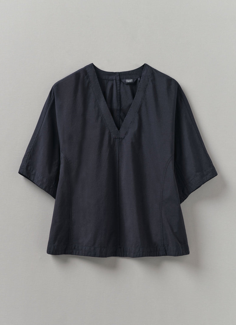 Textured Cotton Poplin V-Neck Top | Ink