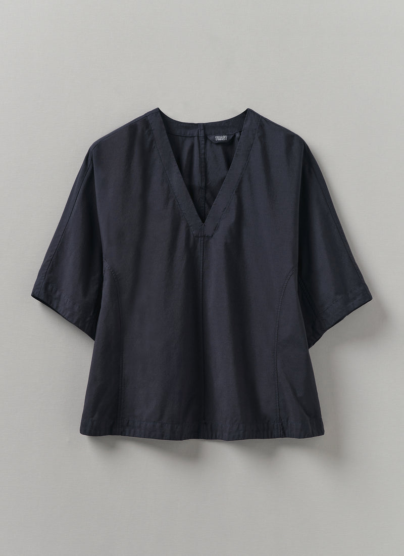 Textured Cotton Poplin V-Neck Top | Ink