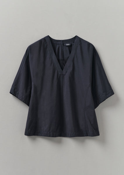 Textured Cotton Poplin V Neck Top Ink
