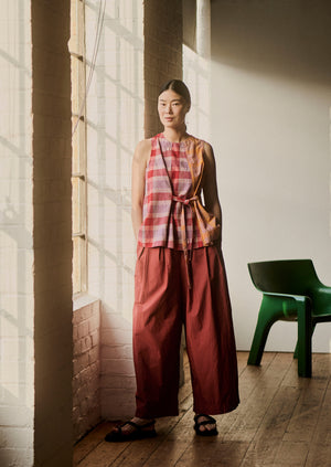 Tie Front Panelled Check Cotton Top | Bright Red/Wisteria
