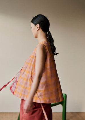 Tie Front Panelled Check Cotton Top | Bright Red/Wisteria