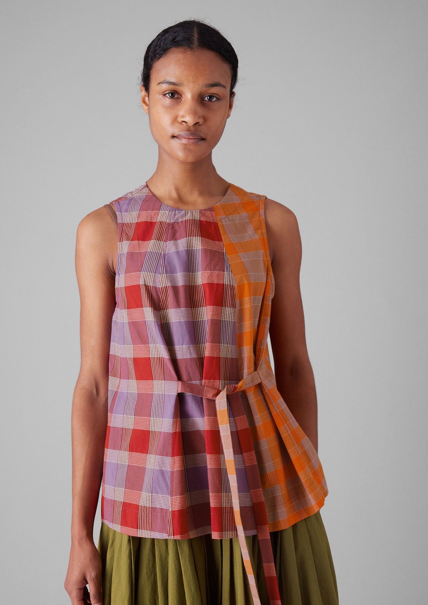 Tie Front Panelled Check Cotton Top | Bright Red/Wisteria