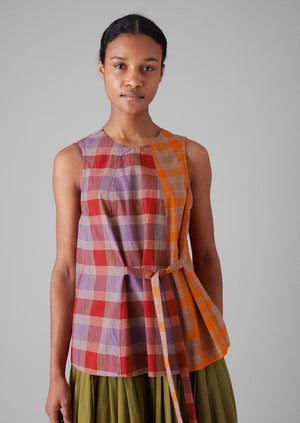 Tie Front Panelled Check Cotton Top | Bright Red/Wisteria