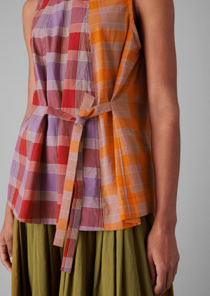 Tie Front Panelled Check Cotton Top | Bright Red/Wisteria