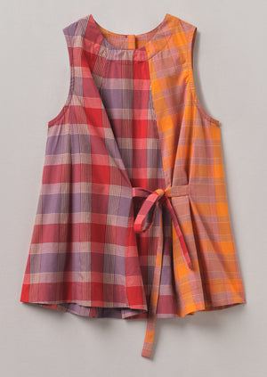 Tie Front Panelled Check Cotton Top | Bright Red/Wisteria