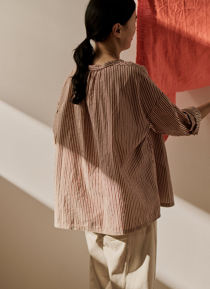 Stripe Cotton Gathered Smock Top | Brick/Ecru