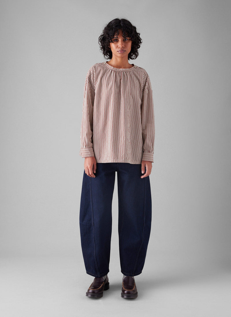 Stripe Cotton Gathered Smock Top | Brick/Ecru
