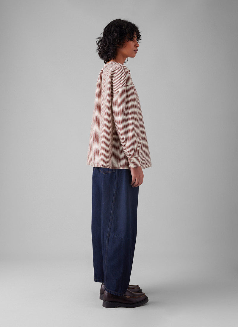 Stripe Cotton Gathered Smock Top | Brick/Ecru