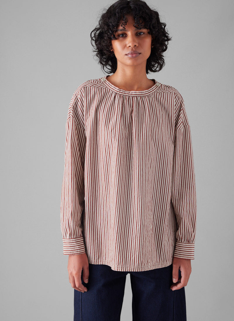 Stripe Cotton Gathered Smock Top | Brick/Ecru