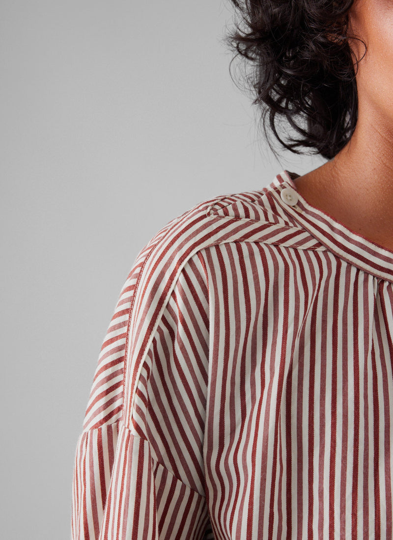Stripe Cotton Gathered Smock Top | Brick/Ecru