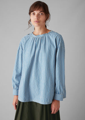 Stripe Cotton Gathered Smock Top | Ocean Blue/Ecru | TOAST Stripe Cotton Gathered Smock Top | Ocean Blue/Ecru | TOAST
