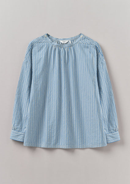 Stripe Cotton Gathered Smock Top Ocean Blue Ecru