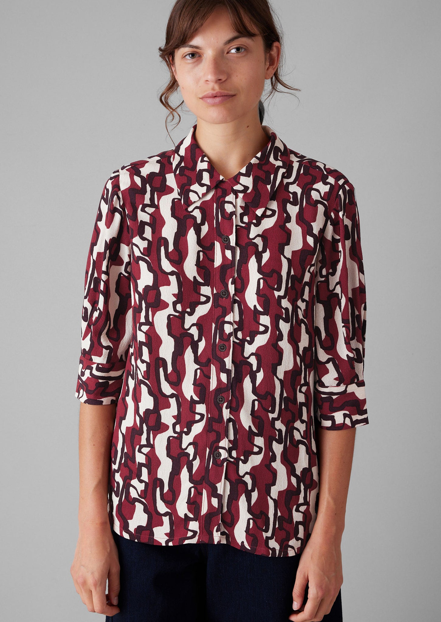 Gia Ribbon Print Shirt | Ecru/Garnet