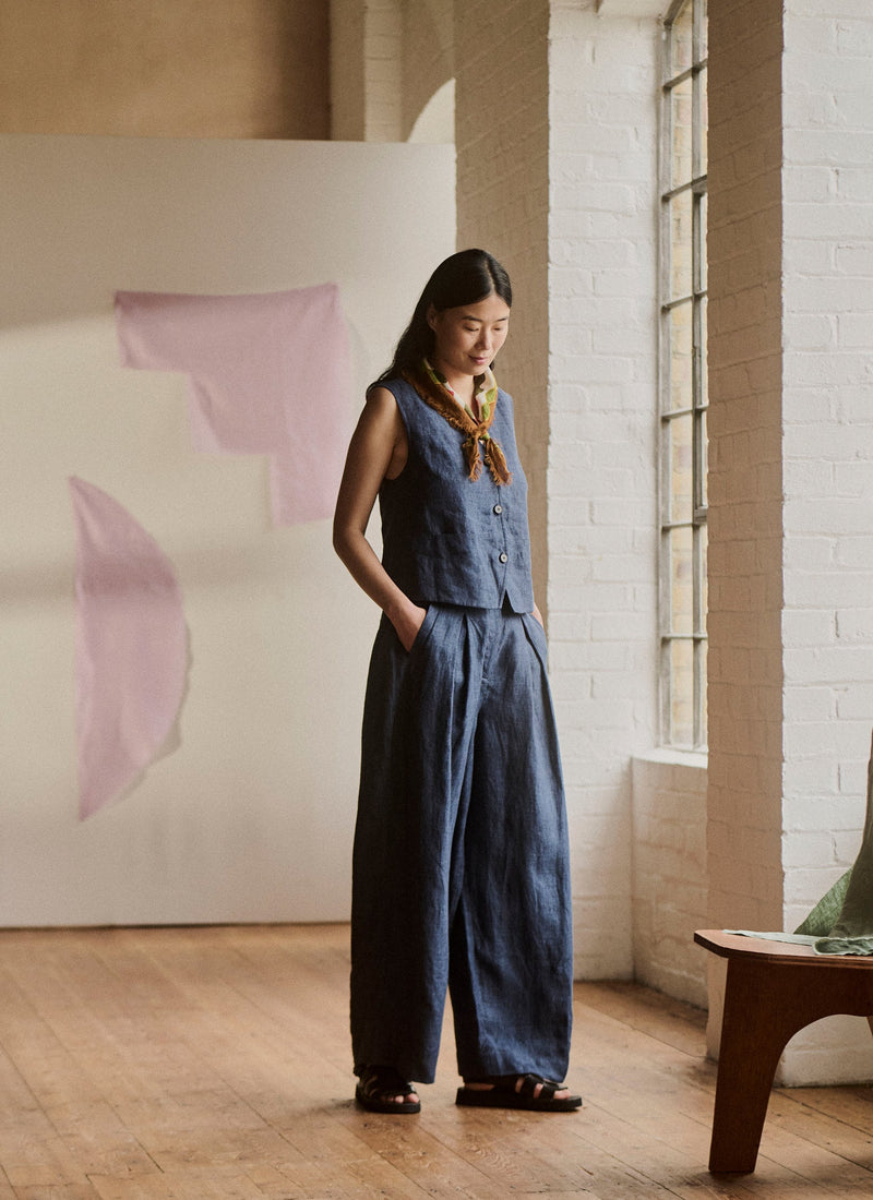 Linen Waistcoat Top | Denim Blue